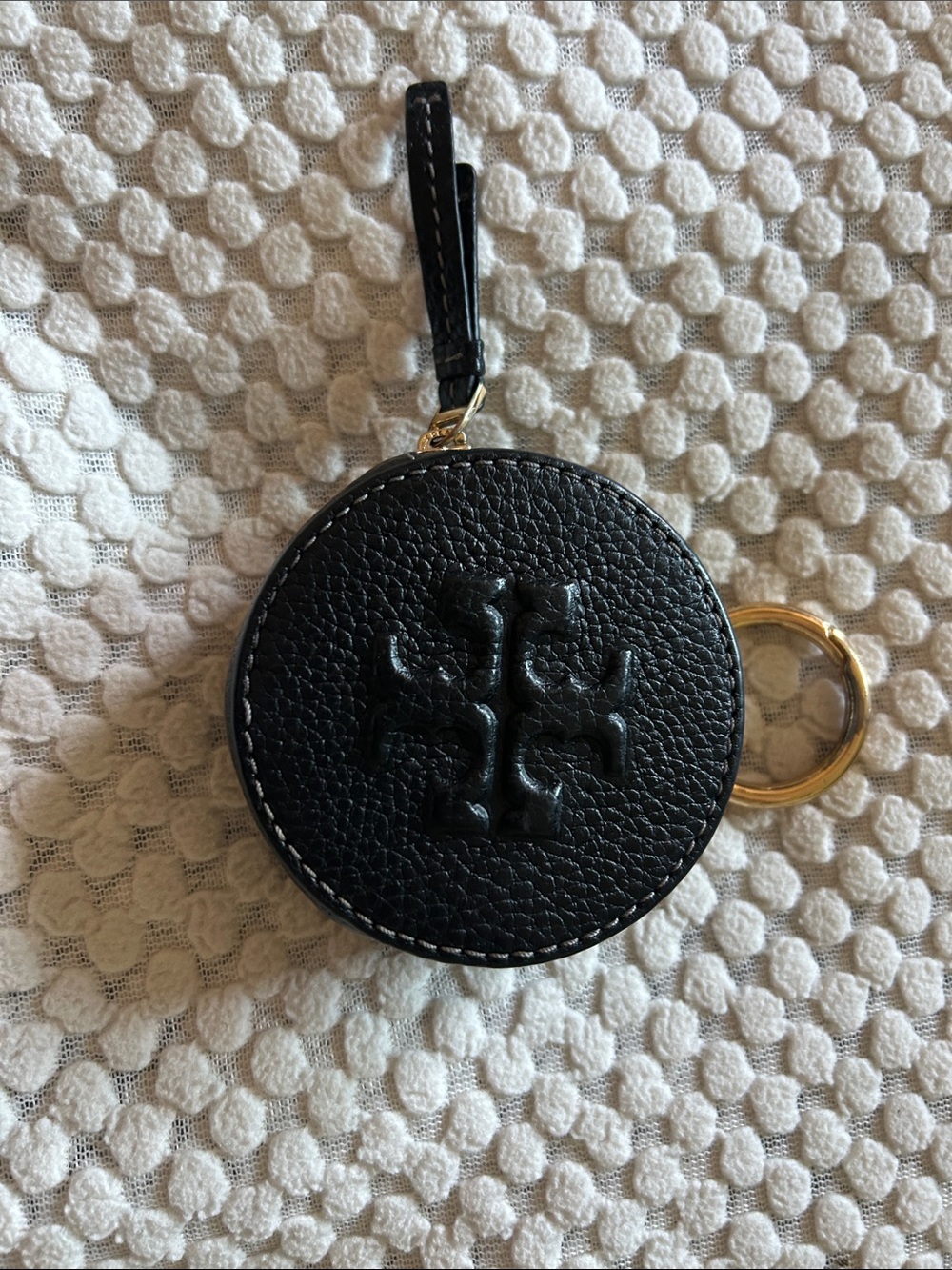 Tory Burch Black Pebbled Leather Round Coin Case with Gold Key Ring
